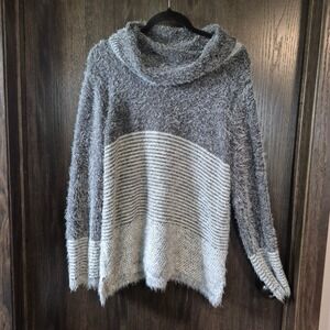 Tribal Womens Grey Striped Eyelash Knit Cowl Neck Sweater Large 10780-4456